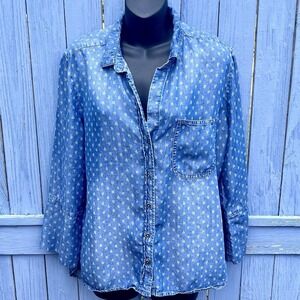 Cloth and Stone Anthropologie Blue Aztec Chambray Blouse‎ Tunic Shirt Size Large